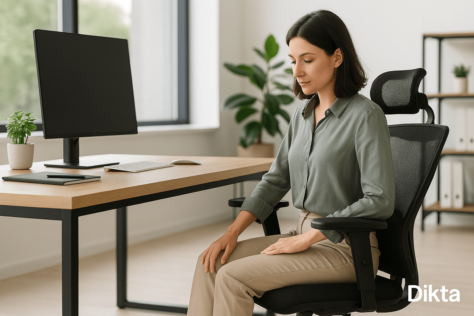 colaboradora ajustando cadeira ergonômica certificada em ambiente iluminado