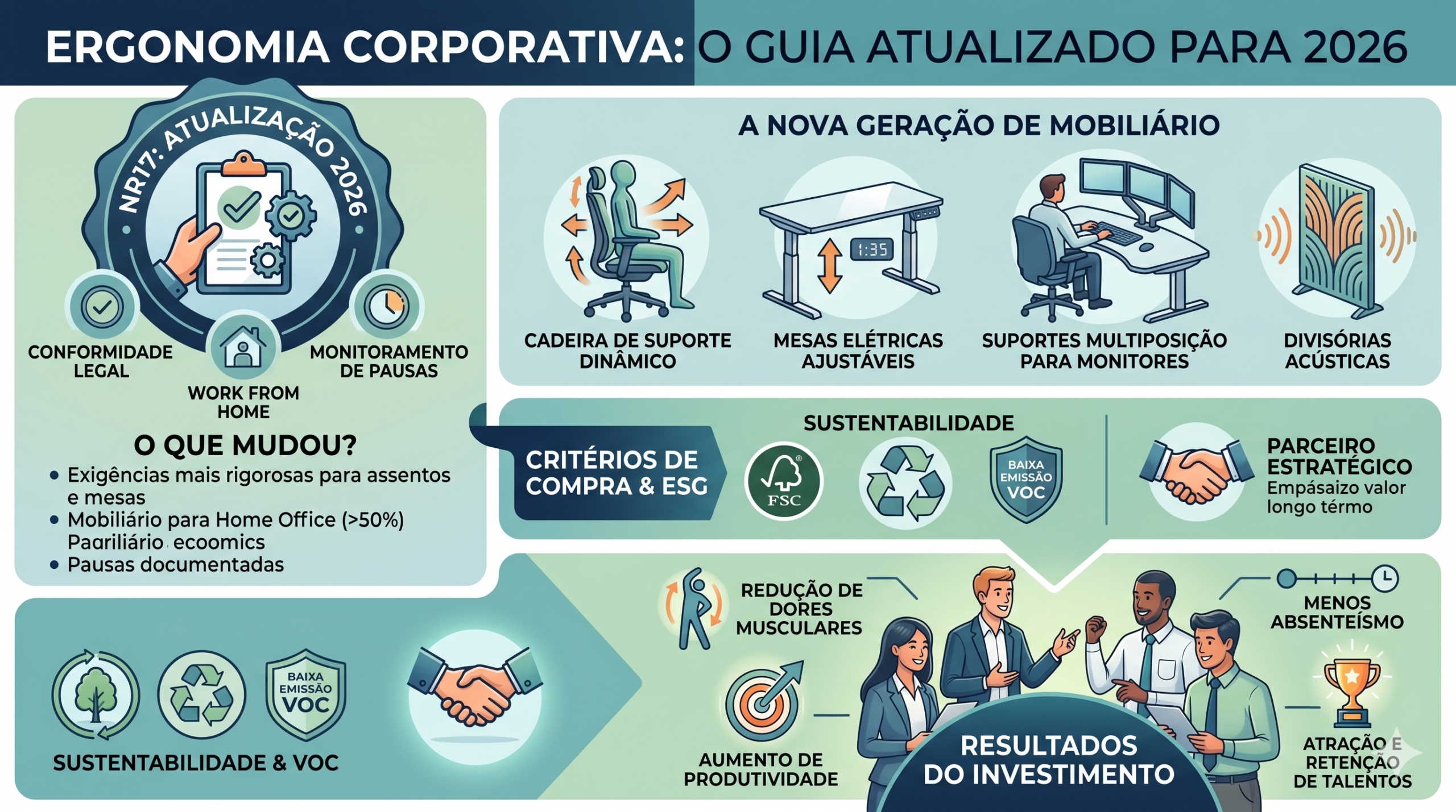 Estação de trabalho ergonômica com cadeira ajustável, mesa corporativa e monitores duplos