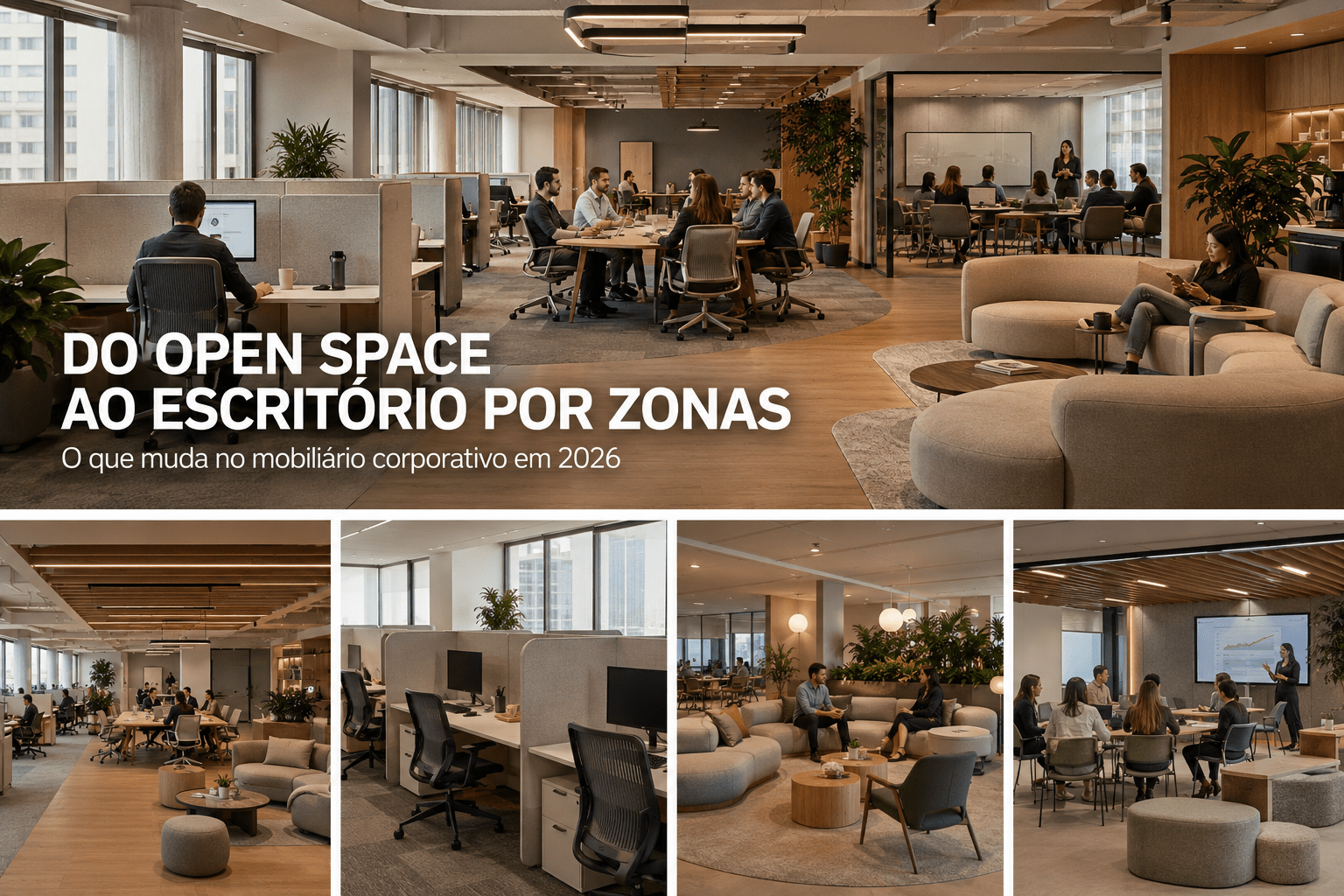 Escritório corporativo contemporâneo em São Paulo organizado por zonas de foco, colaboração, aprendizado e pausa.