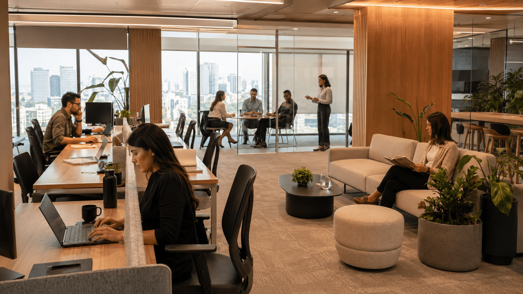 Ambiente corporativo planejado para foco, colaboração e bem-estar no trabalho.