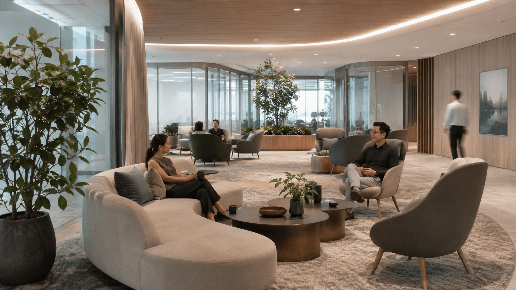 Lounge corporativo para pausa e recuperação mental no escritório.