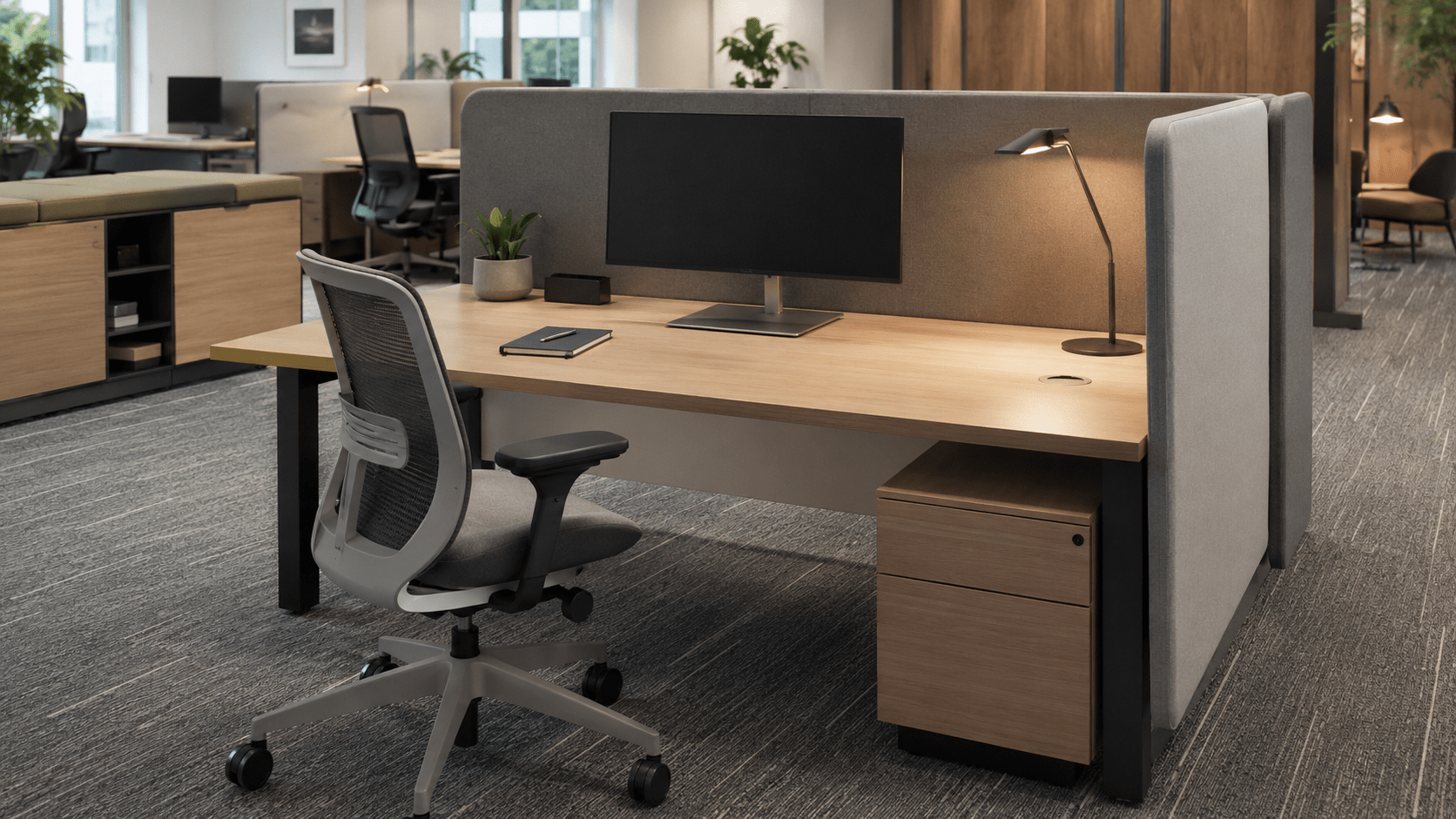 Estação de trabalho ergonômica com mobiliário corporativo planejado para conforto e foco.