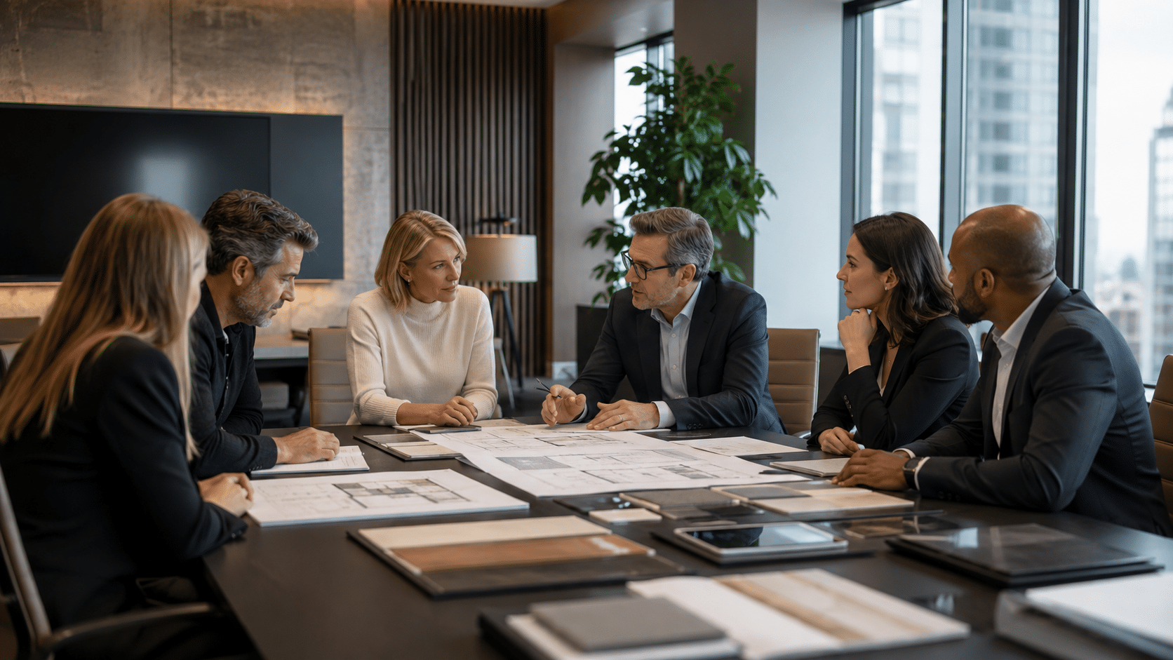 Equipe corporativa analisando layout e mobiliário como parte da estratégia de ambiente de trabalho.