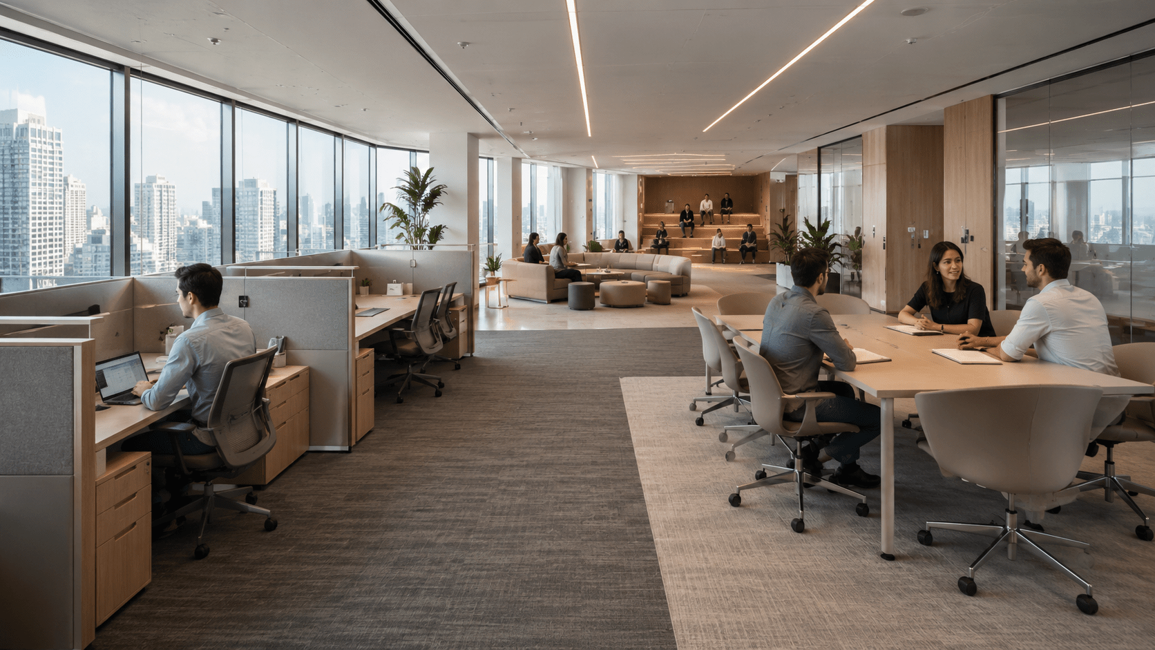 Escritório corporativo dividido em zonas de foco, colaboração, pausa e aprendizado.