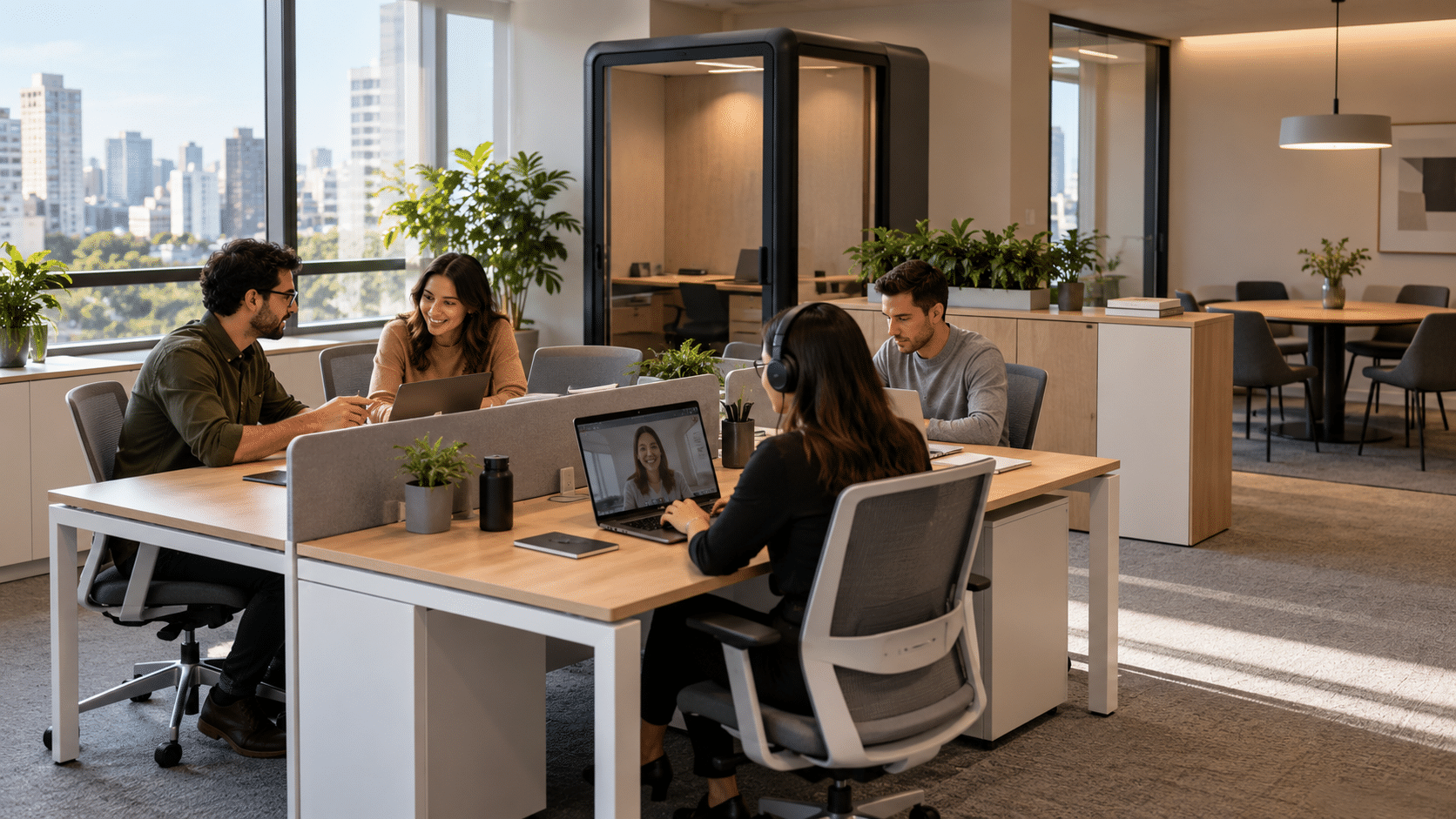 Equipe trabalhando em plataforma de mobiliário modular em escritório pequeno corporativo