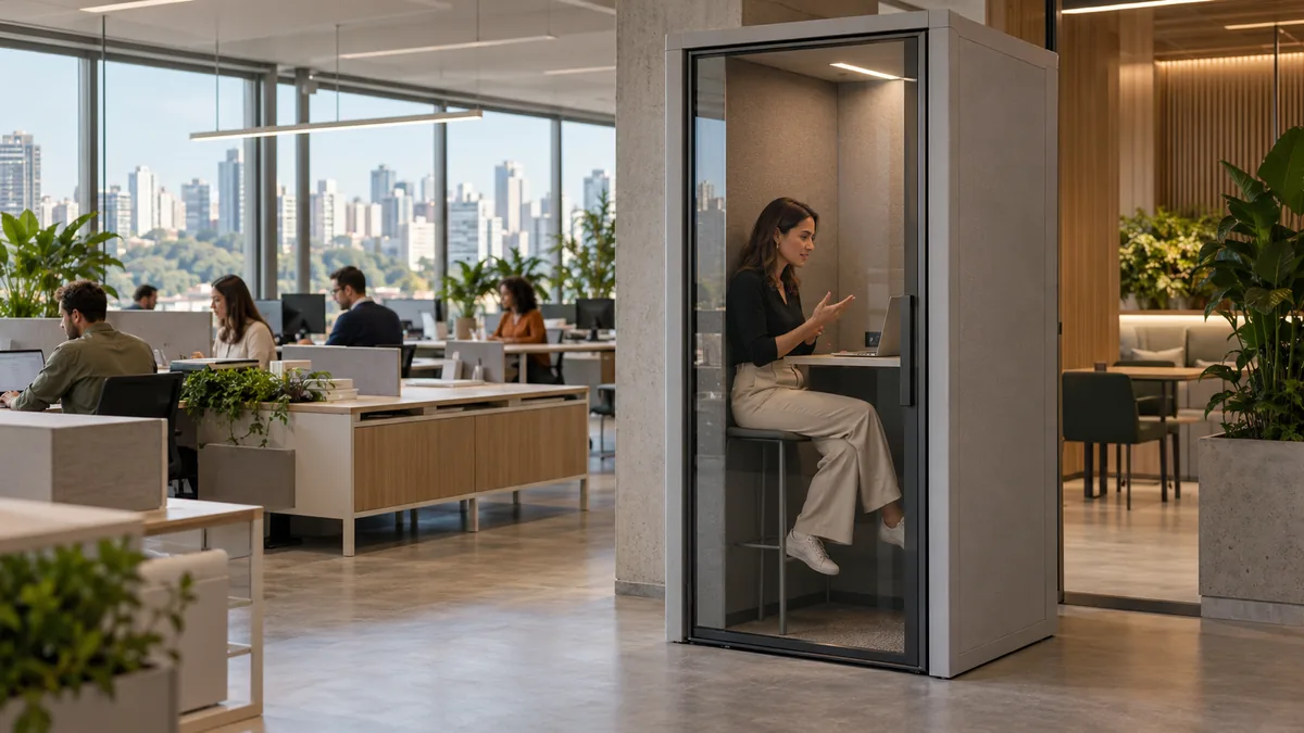 Phone booth individual em escritório aberto, com profissional em videochamada dentro da cabine de porta fechada