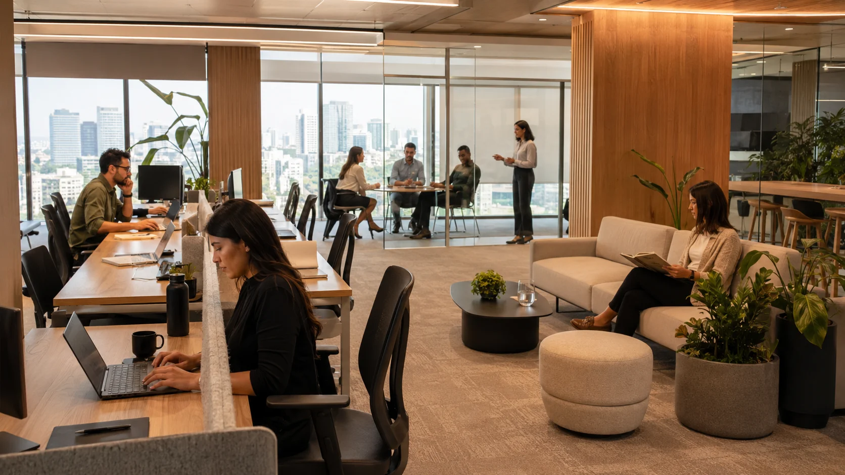 Ambiente corporativo planejado para foco, colaboração e bem-estar no trabalho.